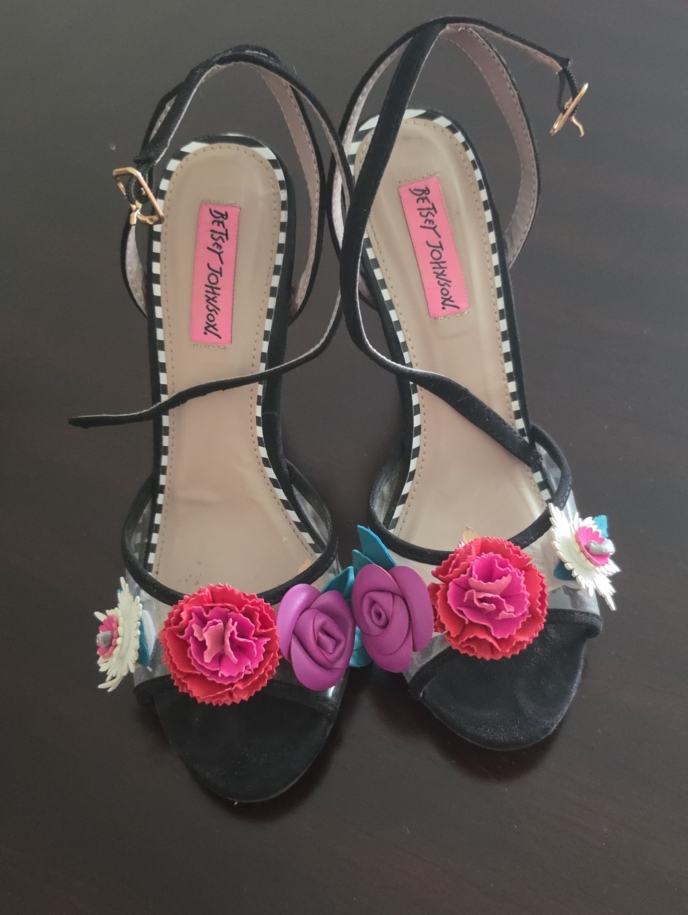 Betsey Johnson Black Heels with Pink and Purple Floral Appliqués